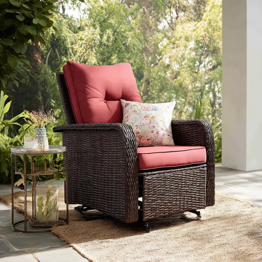 Patio Lounge Chair – Wicker Frame with Red Cushion – Outdoor Recliner Design – 75x85x90 cm