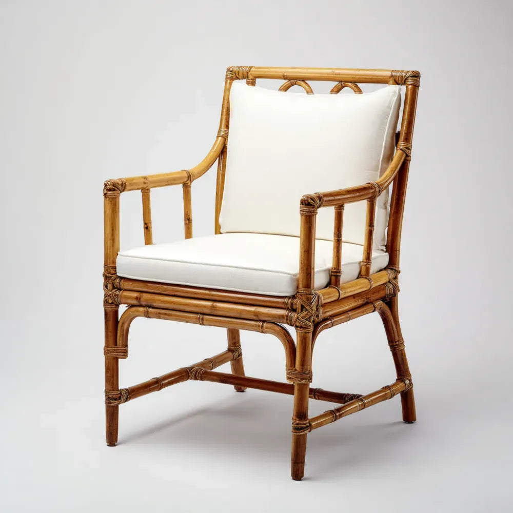 Bamboo Patio Lounge Chair 60x60x85 cm - White Cushions - Natural Finish - Contemporary Style